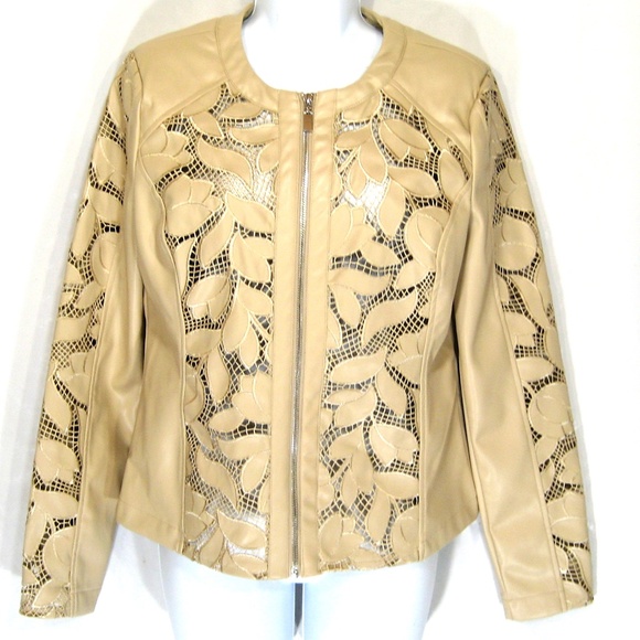 Bagatelle Collection Jackets & Blazers - BAGATELLE COLLECTION BEIGE SOFT FAUX LEATHER COMFORT SPRING EMBROIDERY JACKET